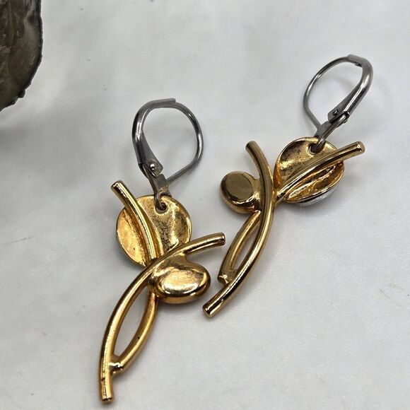 "5/$25" Abstract 2 Tone Silver/Gold Industrial Modernist Dangle Earrings - Picture 4 of 5